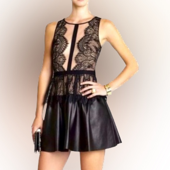 BCBG Max Azria Lace and Leather (Faux) Dress - Size 8 - Picture 2 of 3